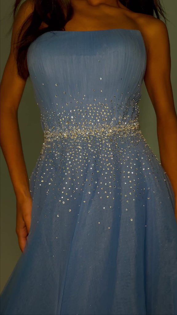 Video - Periwinkle ASHLEYlauren 11597 Strapless Glitter Tulle Ball Gown with Sparkling Trickle Beaded Belt and Voluminous Princess Skirt