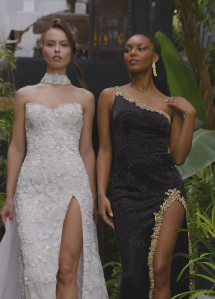 Video - ASHLEYlauren 11352 liquid beaded gown featuring a one shoulder neckline with crystal trim, a left leg slit, and a sweep train for an elegant and sophisticated look.