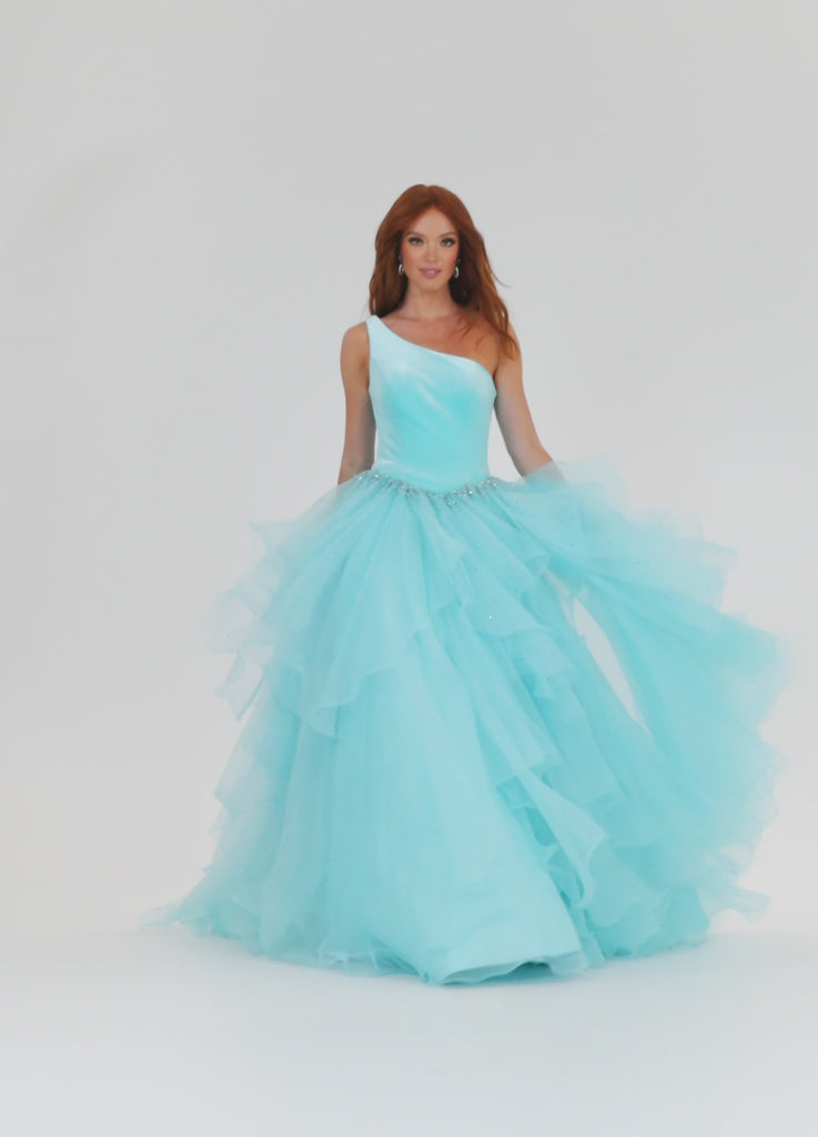Video - Sky ASHLEYlauren 11165 One-Shoulder Ball Gown with Velvet Bustier, Crystal Accents, and Full Organza Handkerchief Skirt