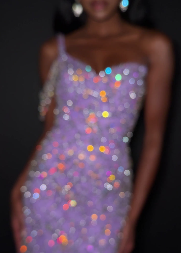 ASHLEYlauren 12282 | Orchid embellished mermaid gown with beaded bodice, draped shoulder strands, and multi-tiered organza ruffle skirt