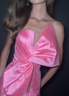 ASHLEYlauren 12279 | Pink mikado gown with oversized sculpted bow bodice, fitted silhouette, and mermaid-style sweep train