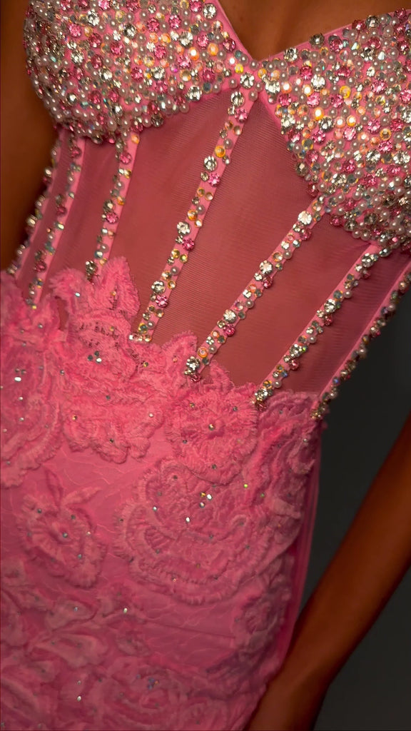 Video -  ASHLEYlauren 11517 Candy Pink Lace Applique Gown with Beaded Corset Bustier, Left Leg Slit, and Tulle Overskirt