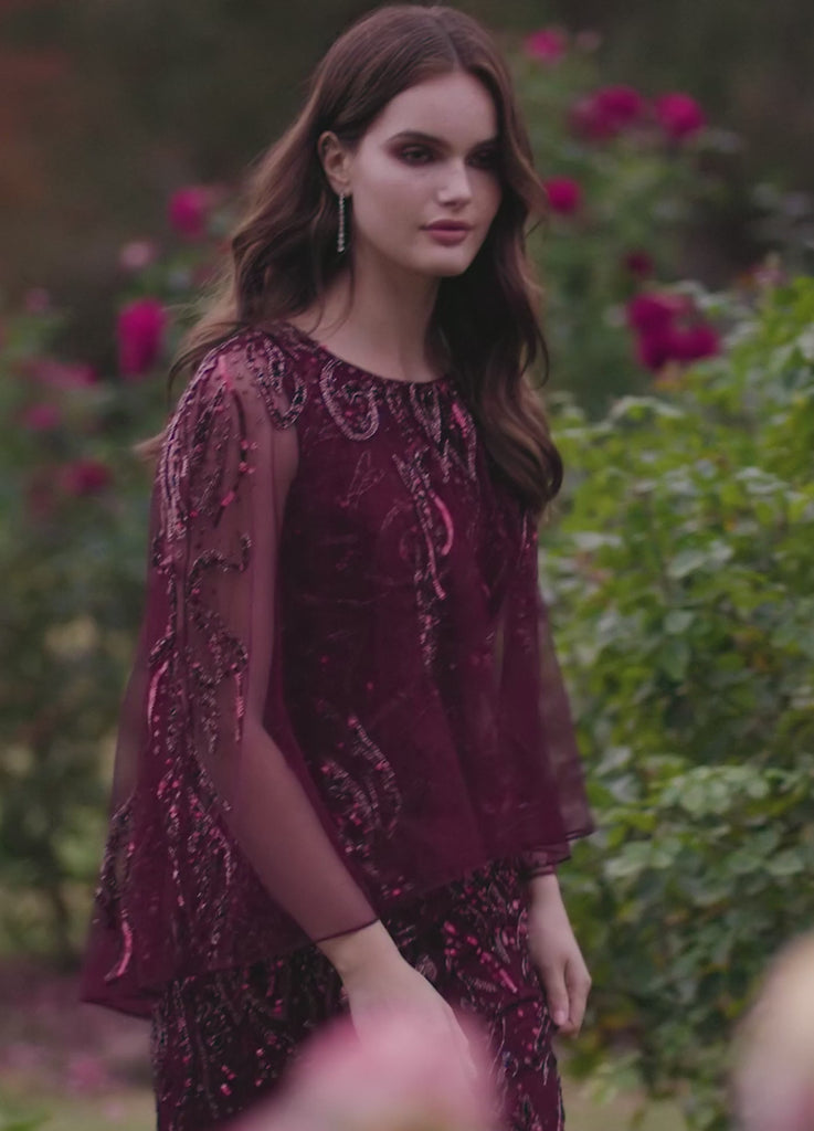 Video - Back. Wine ASHLEYlauren 11214 Timeless Hand Beaded Gown with Crew Neckline, Sparkling Sequin Motif, Sheer Overlay, and High Back for an Elegant Look