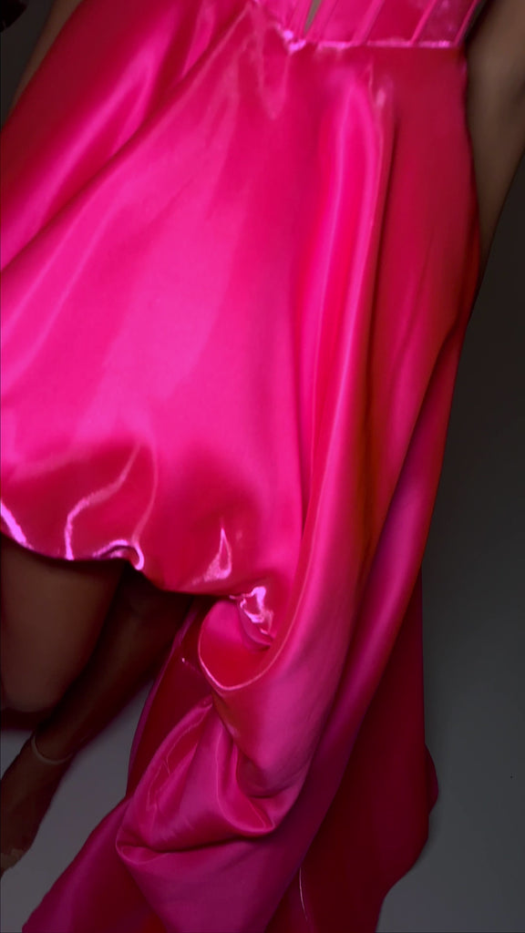 Video - ASHLEYlauren 11641 Pink Off Shoulder Satin Gown with Illusion V-Neckline, Corset Style Bodice, High-Low Bubble Hem Skirt