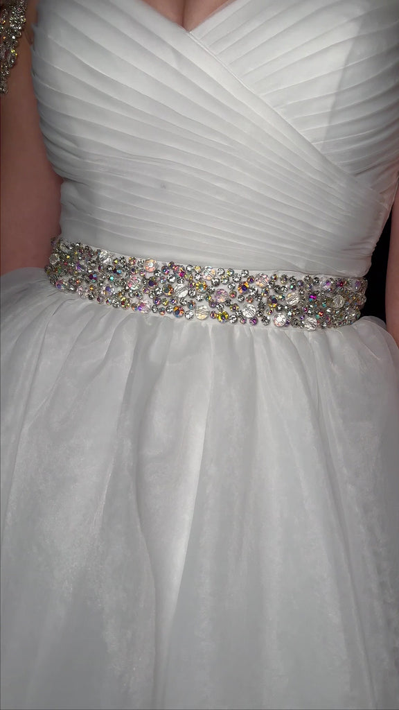 Video - Ivory ASHLEYlauren 11561 Organza Ball Gown with Sweetheart Neckline, Beaded Off Shoulder Straps, Beaded Waistband, and Tiered Organza Skirt