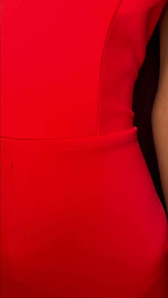 Video - ASHLEYlauren 11531 Red Scuba Jumpsuit with High Neckline, One Shoulder Design, and Exaggerated Puff Sleeve