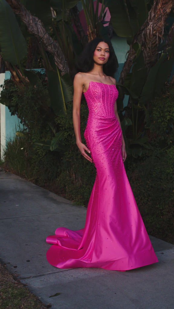 ASHLEYlauren 12356 | Pink fully beaded gown with strapless neckline, contoured bodice, elongated beadwork and sweeping slit train