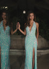 ASHLEYlauren 12152 | Aqua fully beaded halter gown with plunging V-neckline, open back, fitted silhouette and thigh-high slit