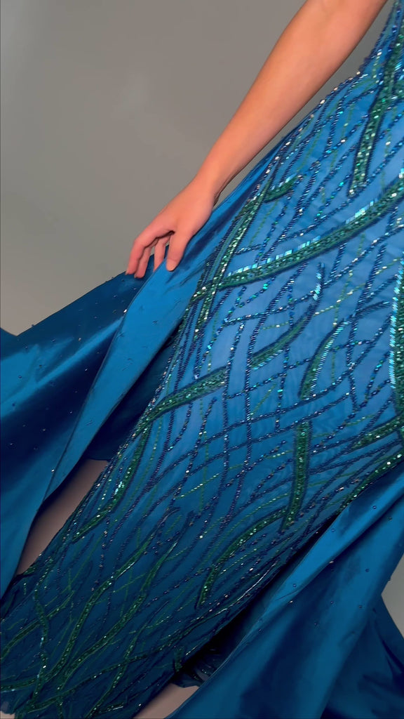 Video -  ASHLEYlauren 11458 peacock off shoulder gown with green beading, sweetheart neckline, and dramatic taffeta overskirt