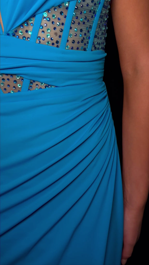 Video - Turquoise ASHLEYlauren 11536 Jersey Gown with Spaghetti Straps, Off Shoulder Details, Corset Bustier, and Ruched Hip Design