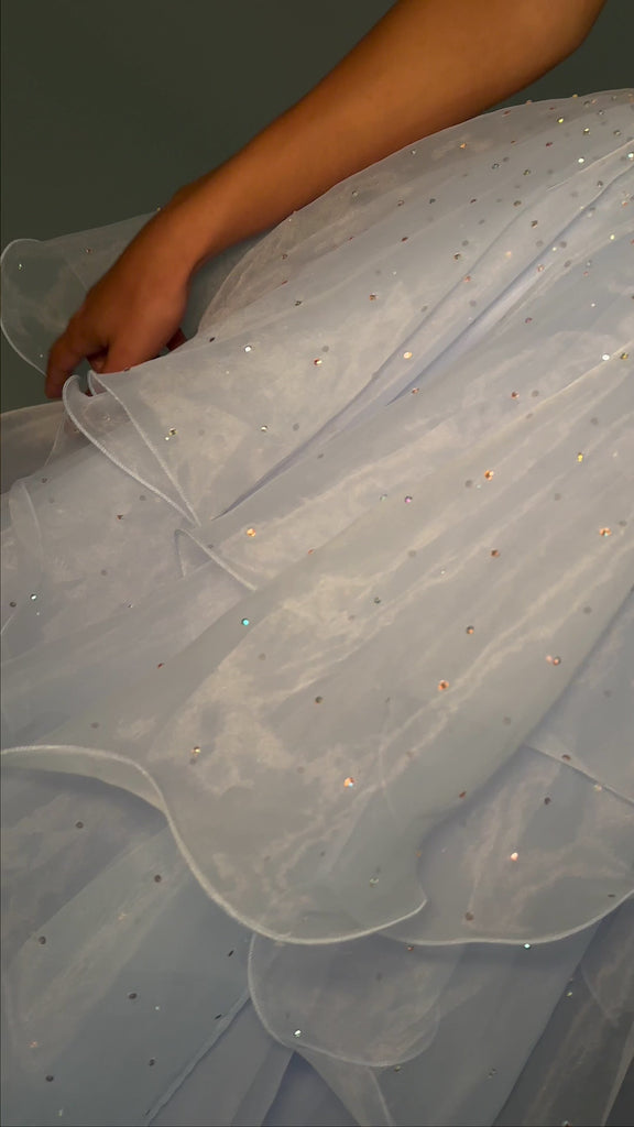 Video - Sky ASHLEYlauren 11545 Strapless Organza Ball Gown with Beaded Bustier, Ruffled Organza Skirt, and Handkerchief Hem
