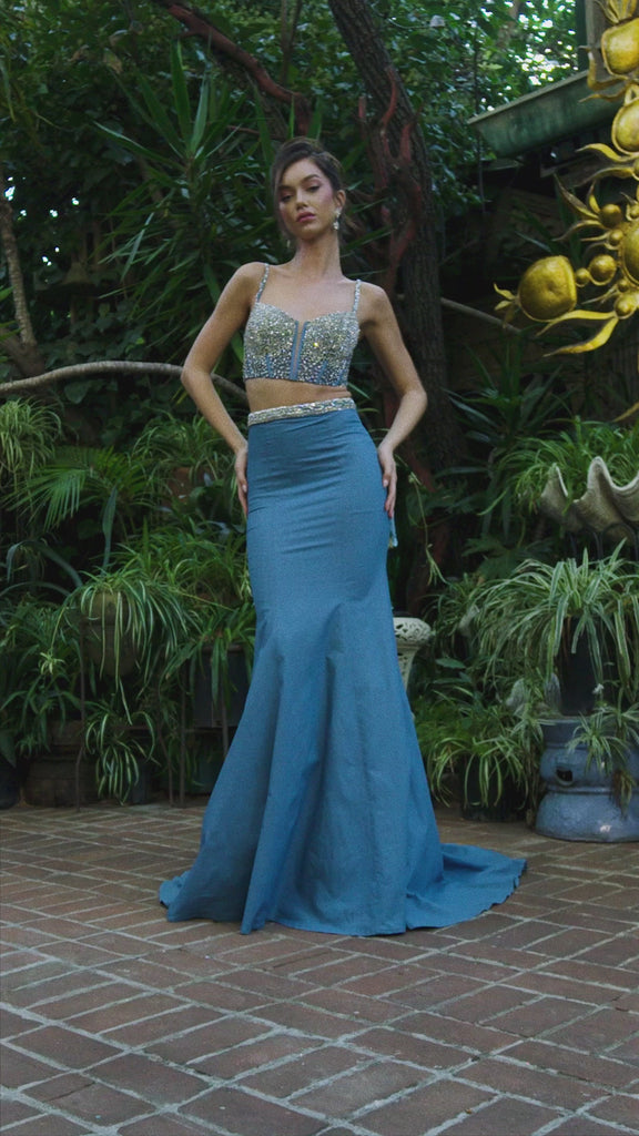 Video - ASHLEYlauren 11511 Denim Two Piece with Corset Bustier, Lace Up Back, Beaded Waist Belt, and Sweep Train