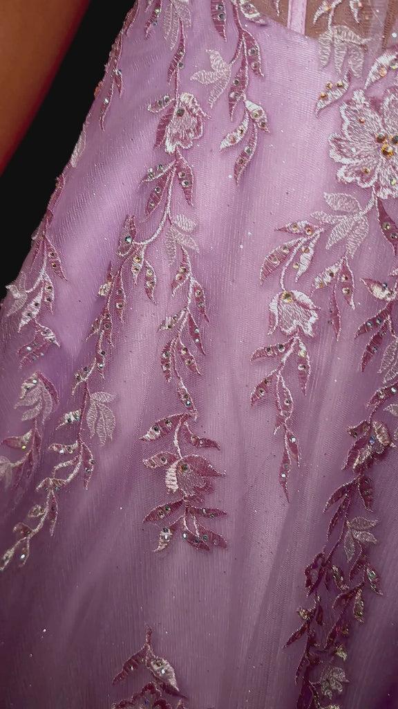 Video - Lilac ASHLEYlauren 11526 Fairytale-Inspired Gown with V-Neckline, Lace Appliqué Corset Bustier, Glitter Tulle A-Line Skirt, and Lace Up Back