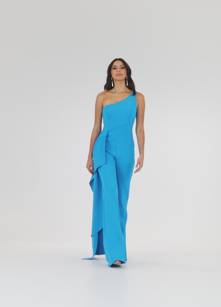 Video - Blue ASHLEYlauren 11152 One-Shoulder Jumpsuit in Signature Corset Fabric with Cascading Side Ruffle and Exposed Industrial Zipper