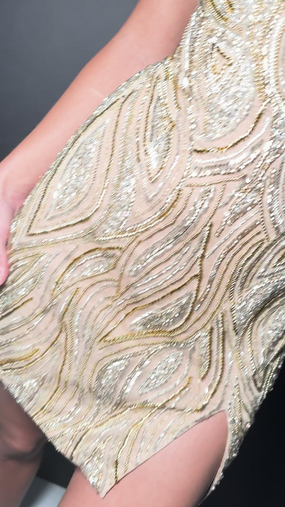 Video -  Gold ASHLEYlauren 4596 fully beaded cocktail dress 