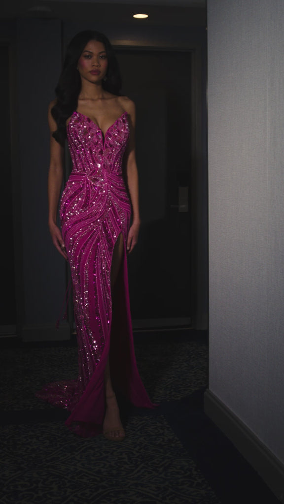 ASHLEYlauren 12230 | Fuchsia hand-beaded fitted gown with sweetheart neckline, lace-up back and dramatic high slit