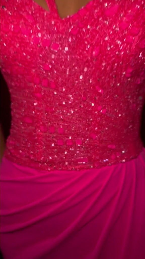 Video - ASHLEYlauren 11454 hot pink one shoulder jersey gown with beaded bodice, ruched wrap skirt, and thigh-high slit