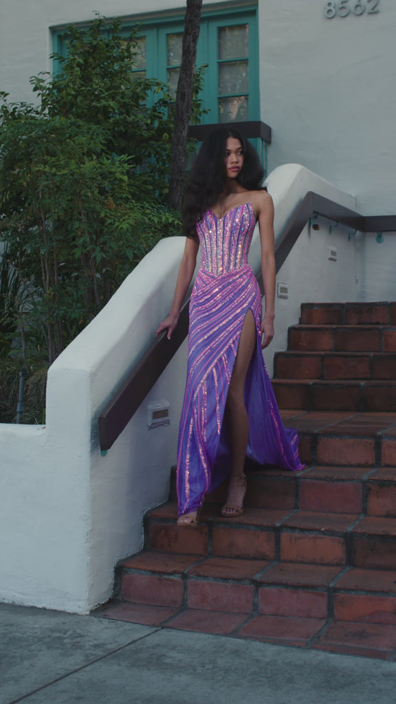 ASHLEYlauren 12150 | Hot Pink-Orchid fully beaded fitted gown with sweetheart neckline, high slit, adjustable straps and swirl bead detailing