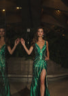 ASHLEYlauren 12253 | Emerald fully beaded gown with V-neckline, swirl stone pattern, high slit and dramatic low open back