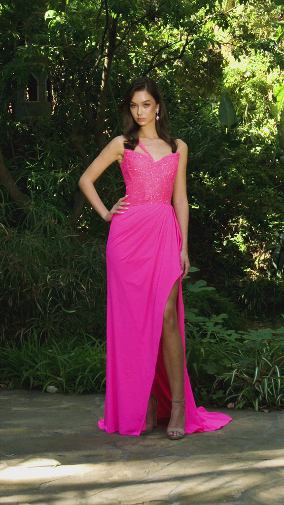 Video - ASHLEYlauren 11454 hot pink one shoulder jersey gown with beaded bodice, ruched wrap skirt, and thigh-high slit