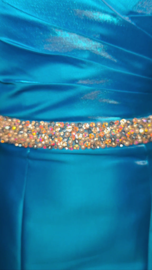 Video- Peacock ASHLEYlauren 11419 Strapless Satin Gown with Sweetheart Neckline, Voluminous Puff Sleeves, Mermaid Silhouette, and Sparkling Jeweled Belt
