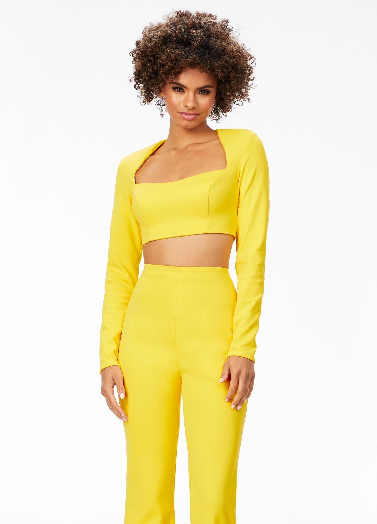 Front. Yellow ASHLEYlauren 11220 Two-Piece Scuba Jumpsuit with Square Neckline, Long Sleeves, and Fit &amp; Flare Pants