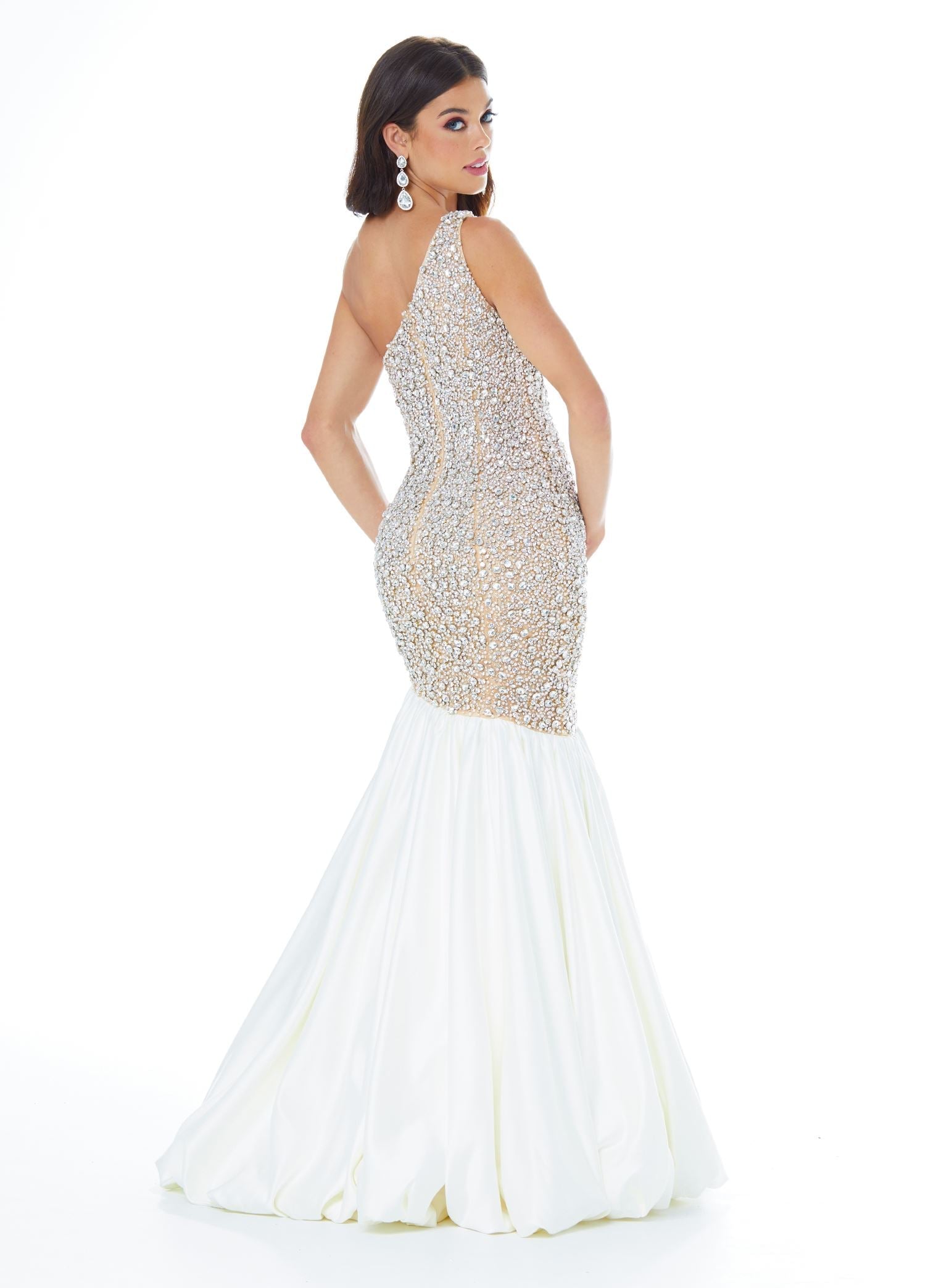 Back - White  ASHLEYlauren 1981 – A stunning one-shoulder fit and flare gown featuring a fully crystal and pearl beaded bodice, accented by an asymmetrical satin drop skirt with a dramatic bubble hem. Perfect for making a show-stopping statement.