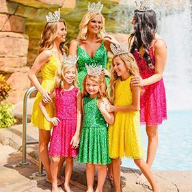 6 contestants wearing ASHLEYlauren dresses of different colors