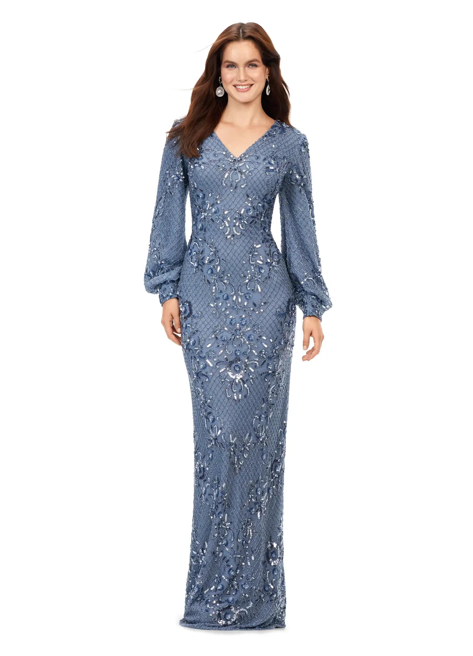 11193 Beaded V-Neck Gown with Bishop Sleeves
