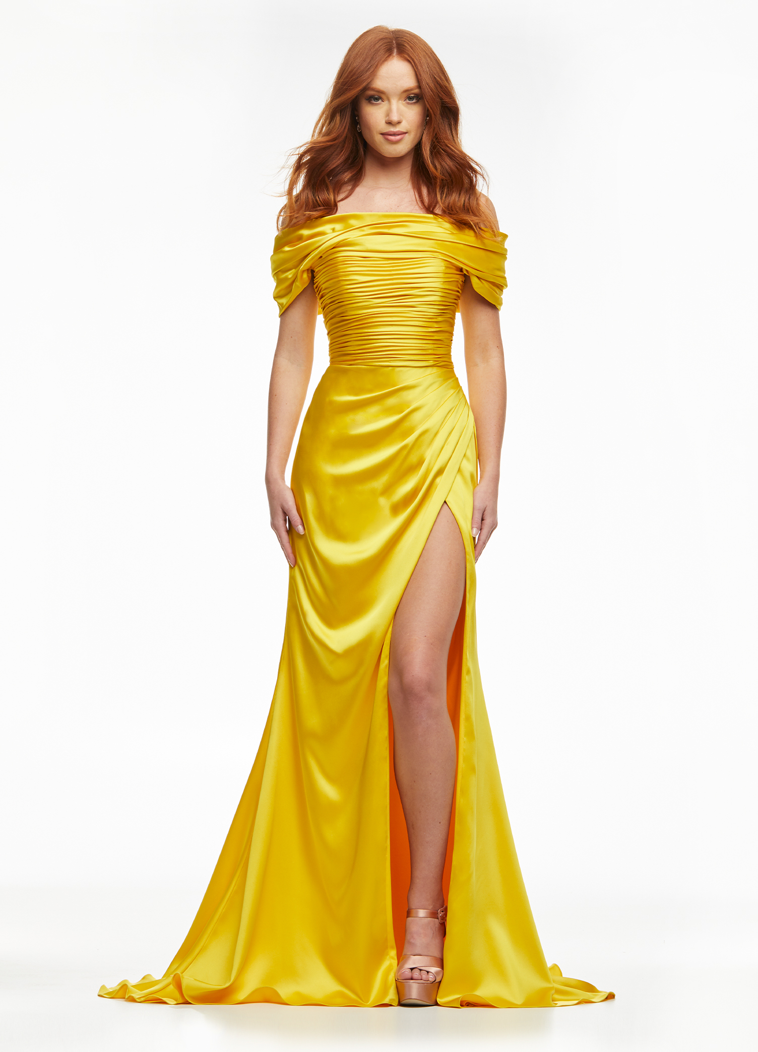 11093 Rouched Satin Off Shoulder Gown