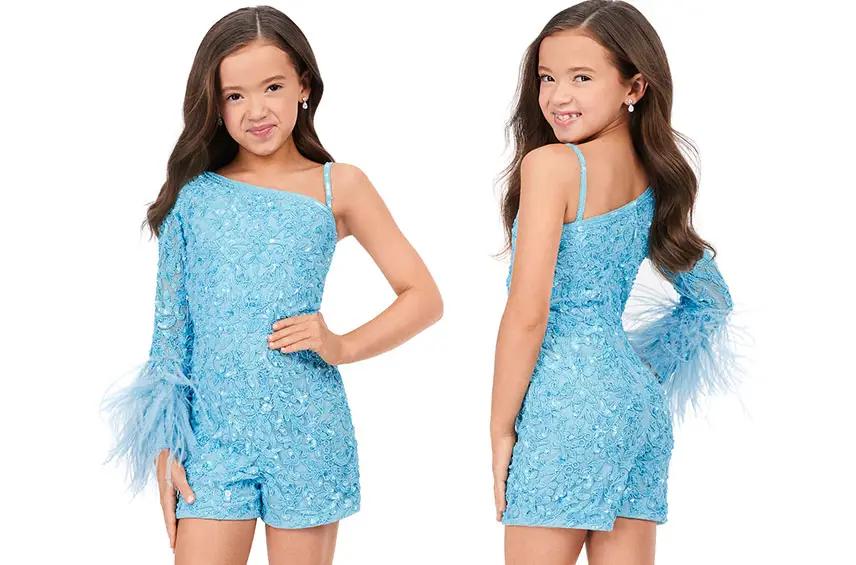 kids blue romper with feathers