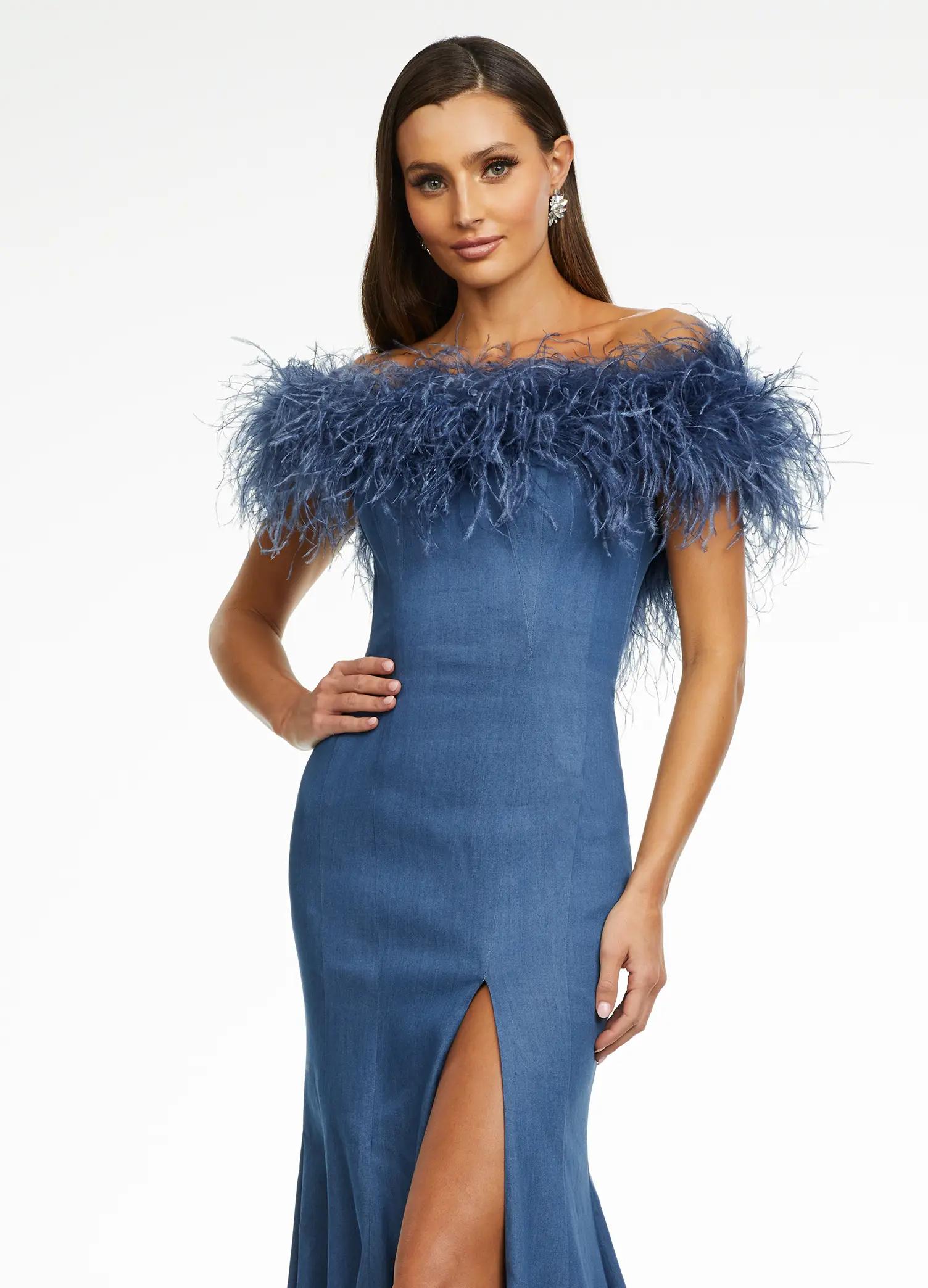 11122 Stretch Denim Gown with Feather Details