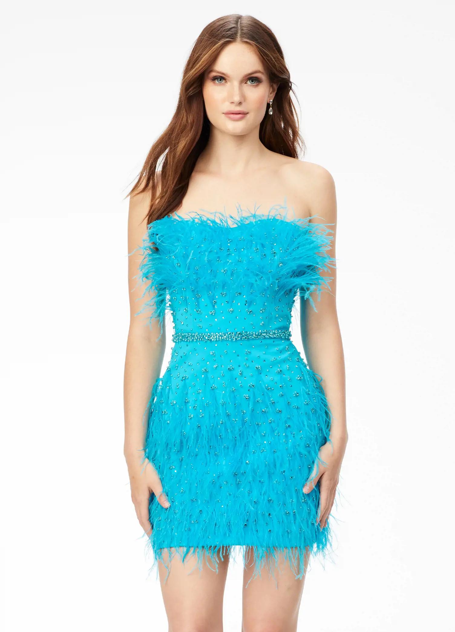 4535 Strapless Fitted Scuba Cocktail Dress with Feathers