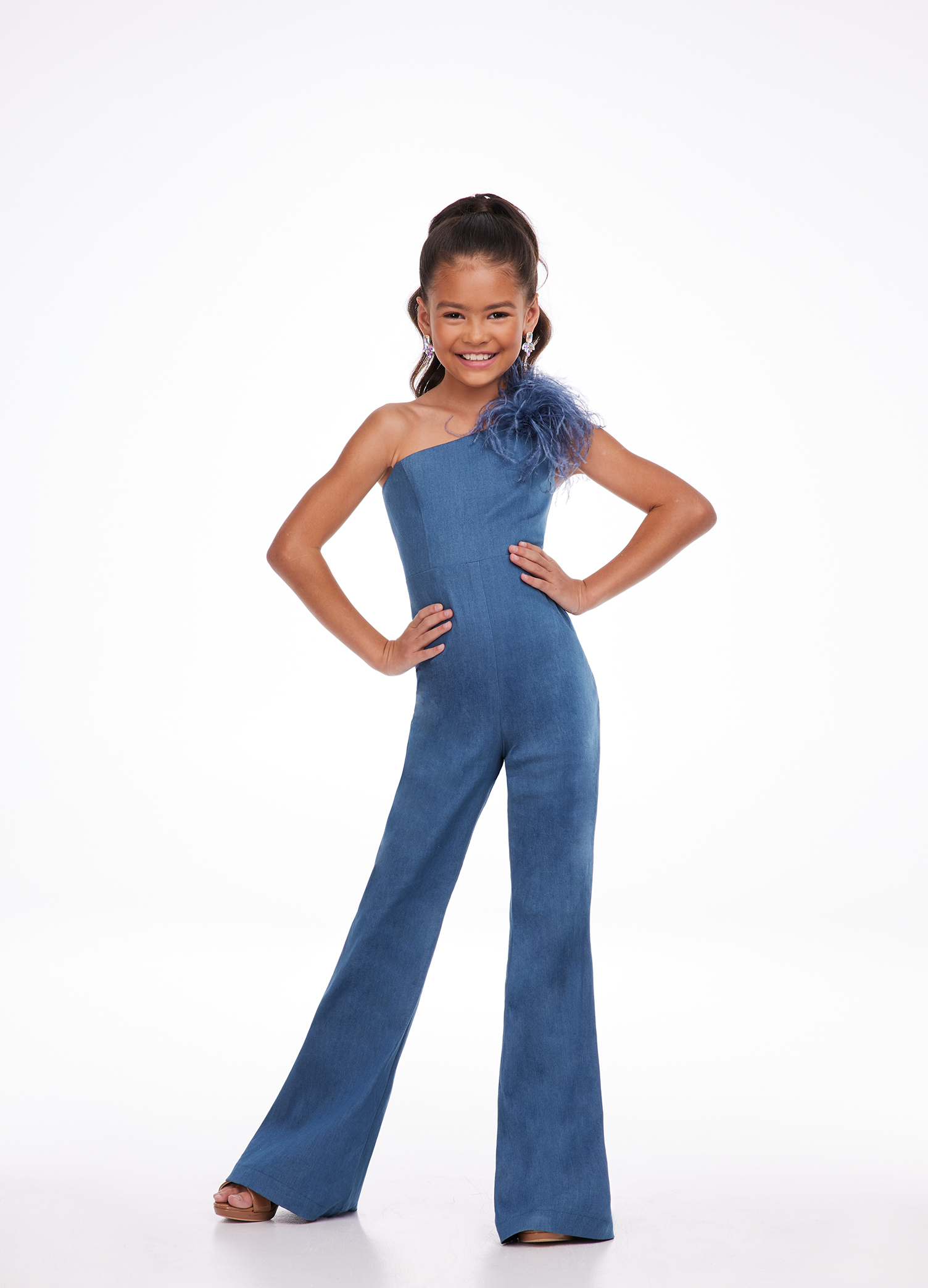 8135 One Shoulder Denim Jumpsuit with Feather Detail