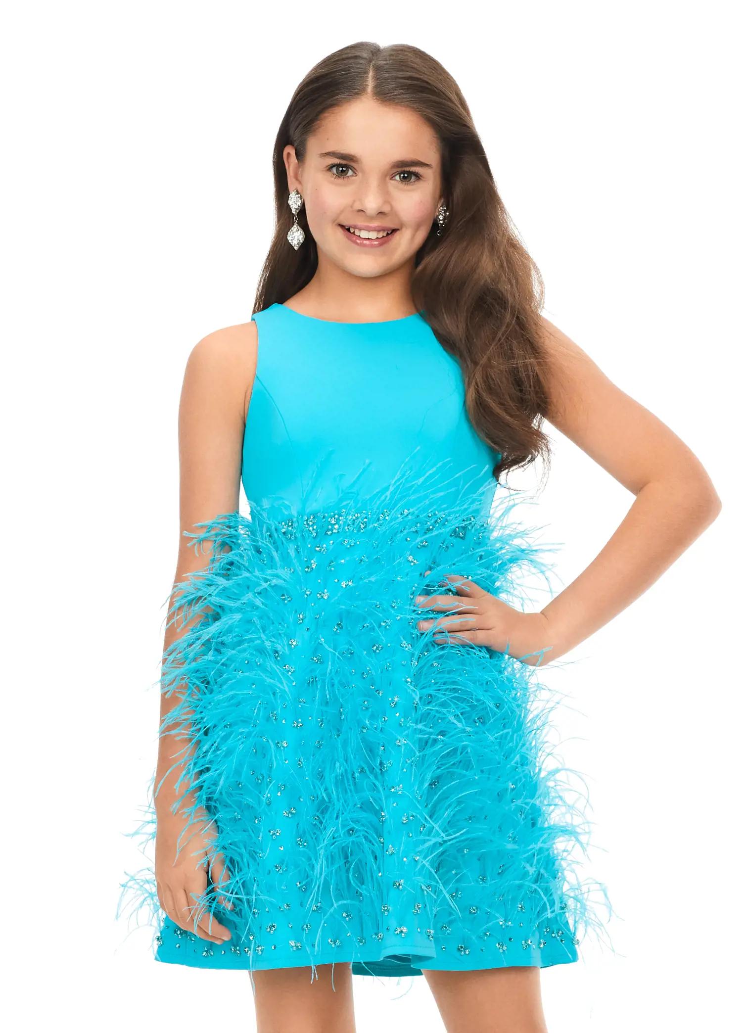 8176 Kids Cocktail Dress with Feathers & Crystals