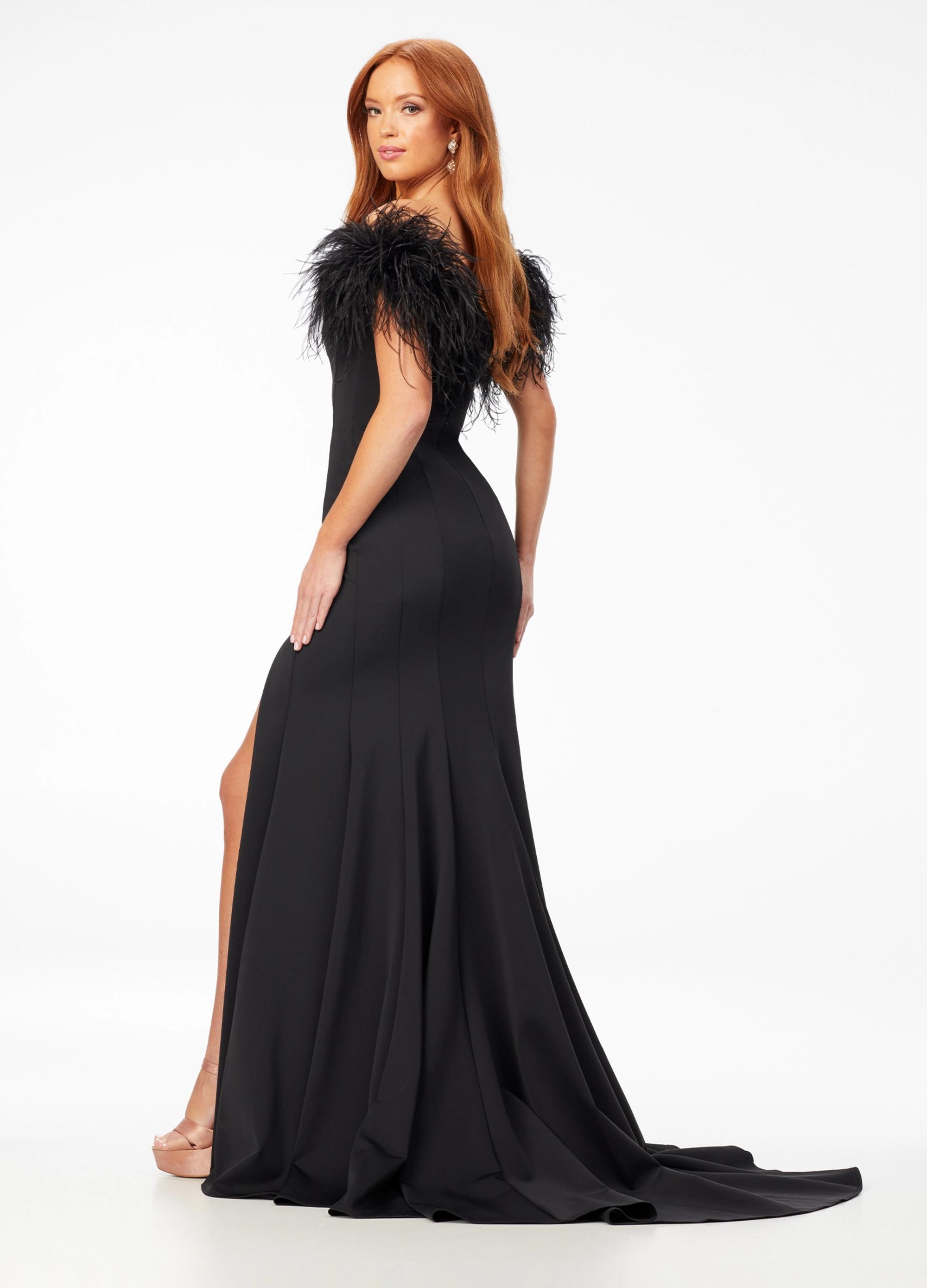 HVN Long Ashley Dress W. Feather Trim - Black 2 / Black