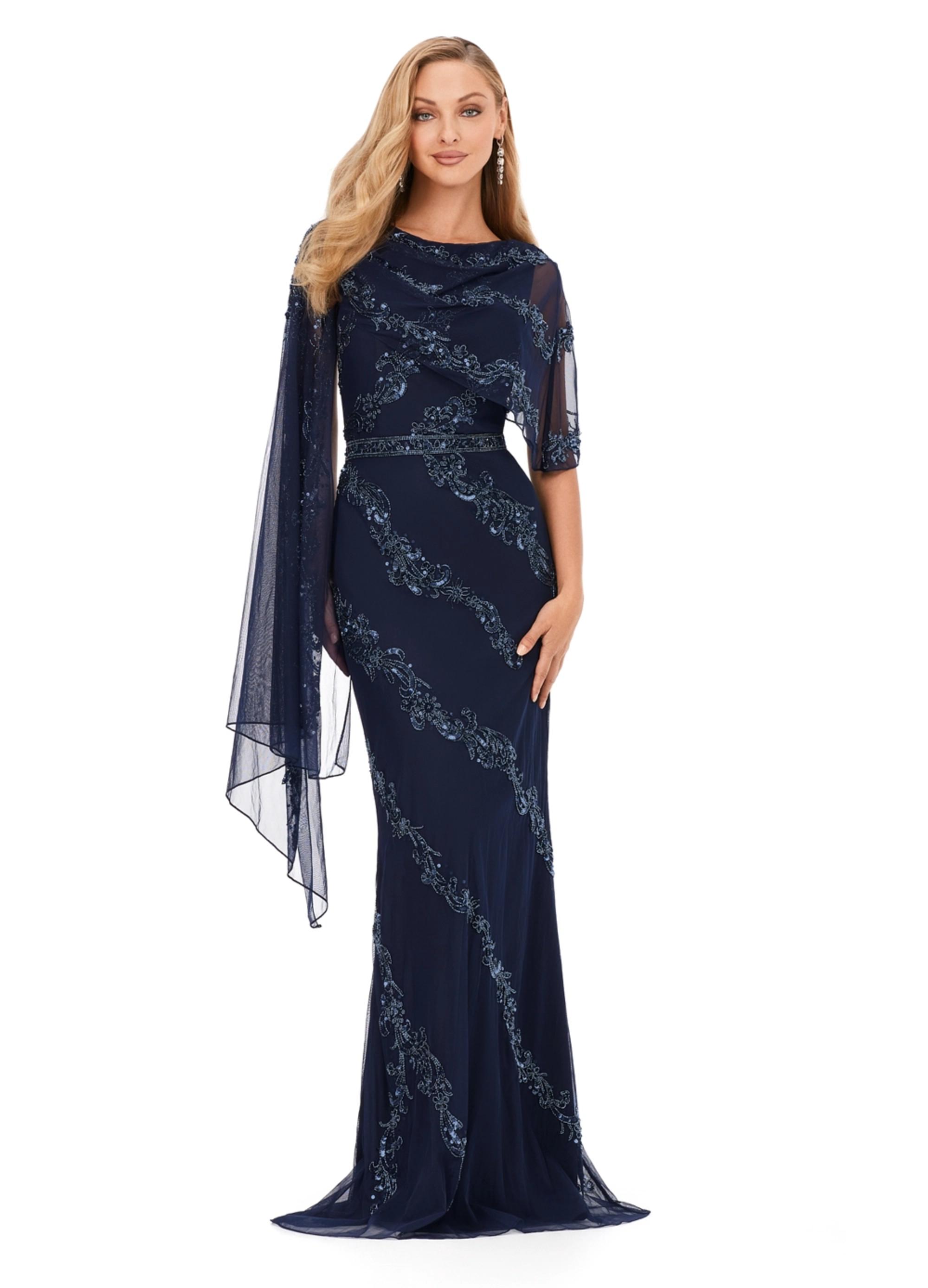 ASHLEYlauren - Beaded Evening Gown with Asymmetrical Overlay | ASHLEYlauren