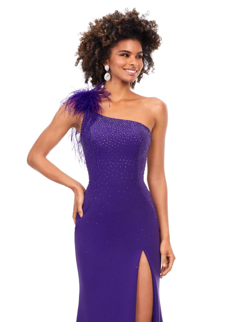 11290 One Shoulder Scuba Gown with Feathers $0 default picture