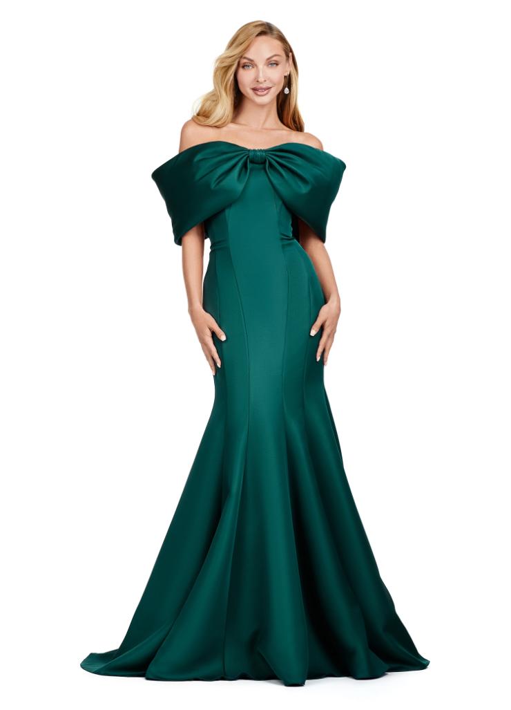 11413 Off Shoulder Double Faced Satin Gown with Oversized Bow $0 default picture