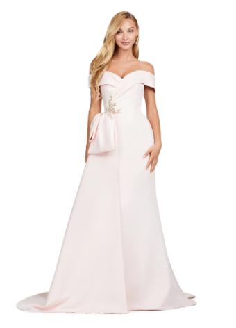 11425 Off Shoulder Fitted Satin Dress with Overskirt