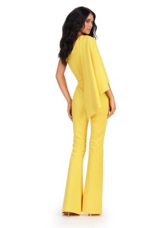 11534 One Shoulder Scuba Jumpsuit with Cascading Ruffle Sleeve