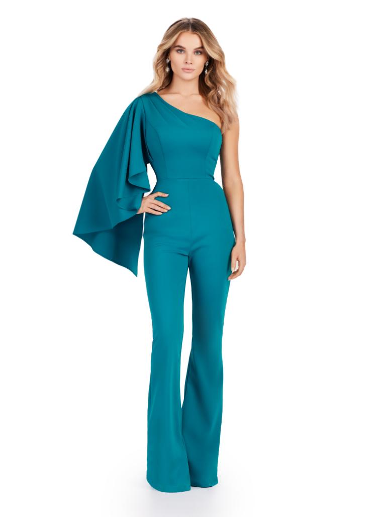 11534 One Shoulder Scuba Jumpsuit with Cascading Ruffle Sleeve $0 default picture